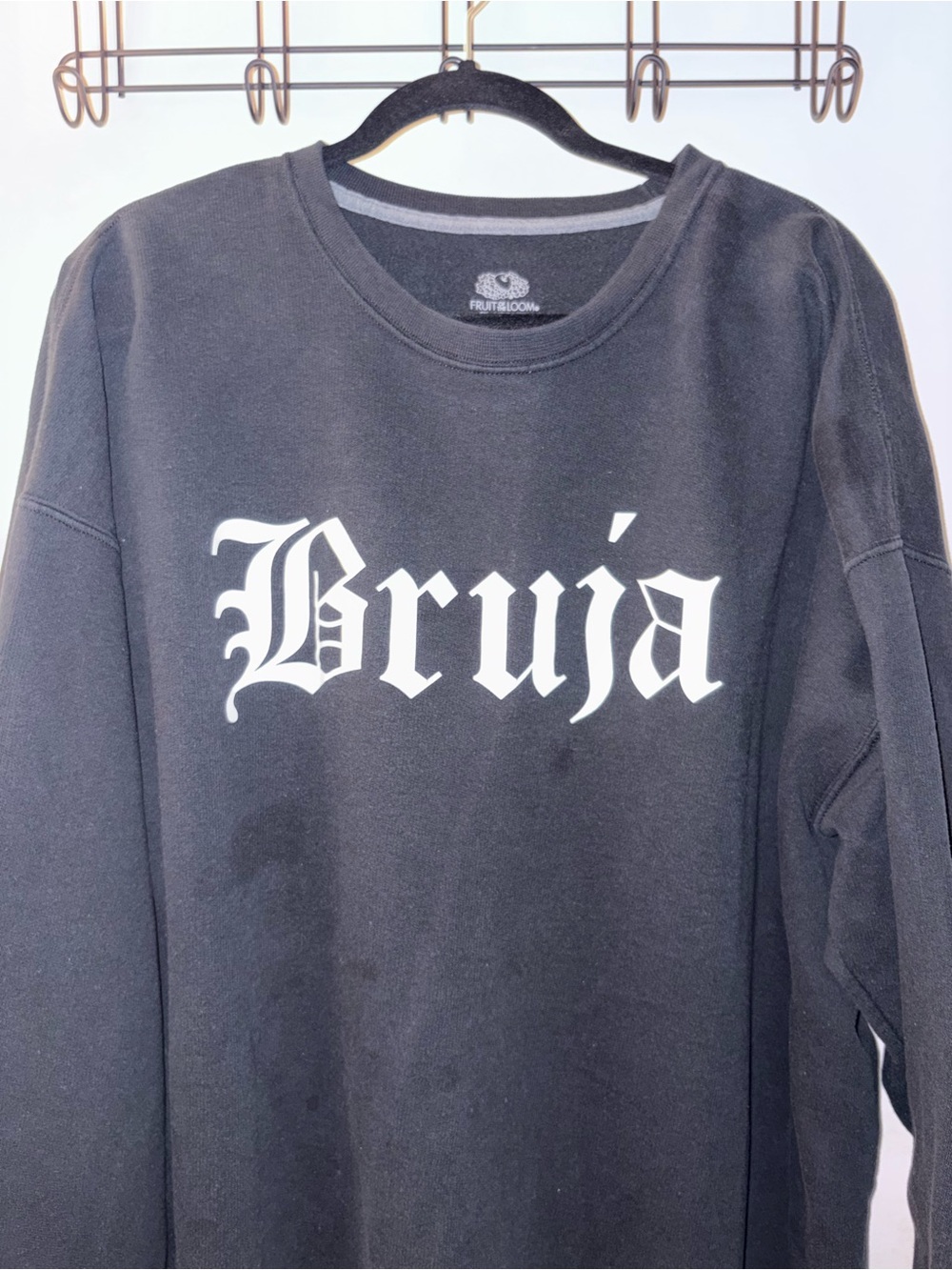 Fruit of the Loom Black Crewneck Sweatshirt with White "Bruja" Graphic